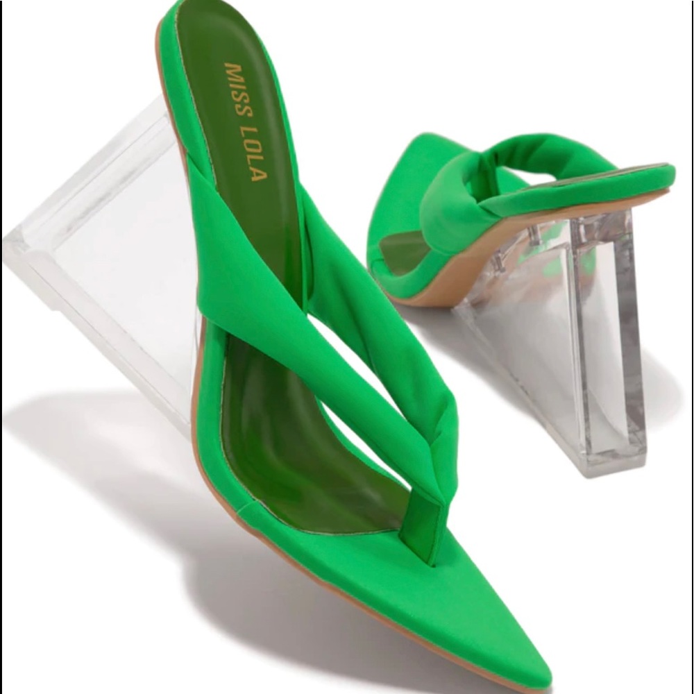 MISS LOLA ANAT GREEN CLEAR HEEL MULE WEDGE